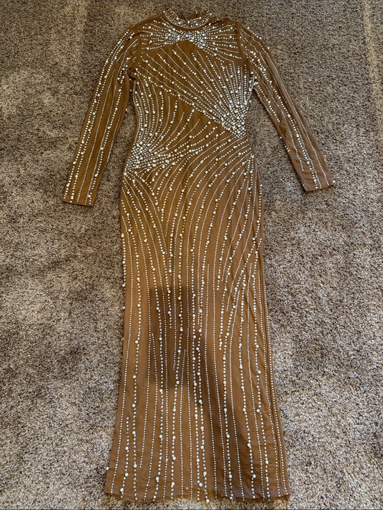 Banjul Dresses & Skirts - Banjul Tan Long Sleeve Crystal-Embellished Evening Gown